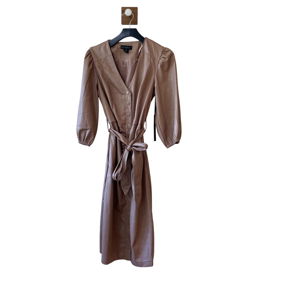 House of Harlow 1960 Faux Leather Midi Dress Puff Sleeve Tie Waist S